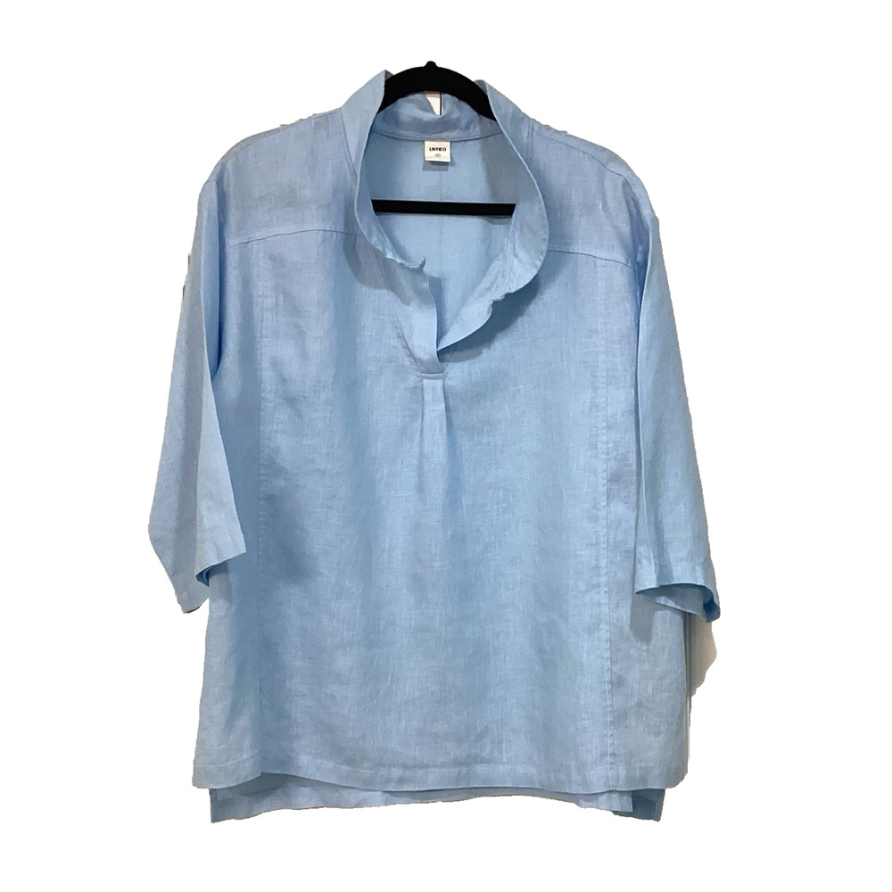 Lintico Top Womens Large Ice Blue Linen Boho Coastal Lagenlook Boxy Minimalist